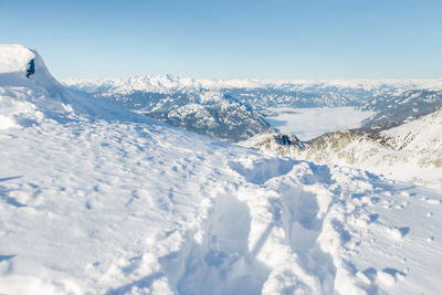 Scenic view of snow covered mountains against sky