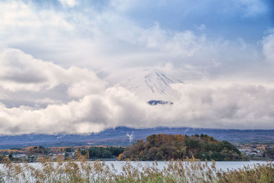 Aerial view of snowcapped mountain against sky