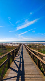 Boardwalk on footbridge against blue sky