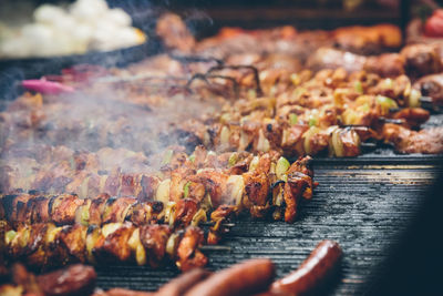 Close-up of meat on barbecue grill