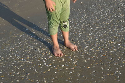 Low section of boy standing at beach