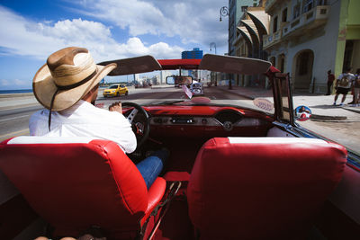 Rear view of man in car against sky