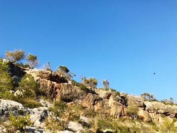 Rock formations against clear blue sky