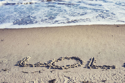 High angle view of text on beach