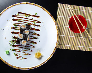 High angle view of cake in plate on table