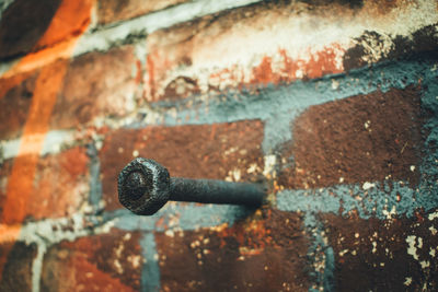 Close-up of rusty nail in wall