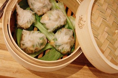 High angle view of dumplings in basket