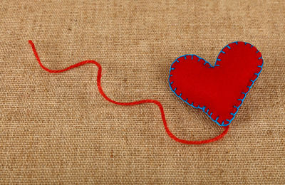 High angle view of heart shape decoration on sack