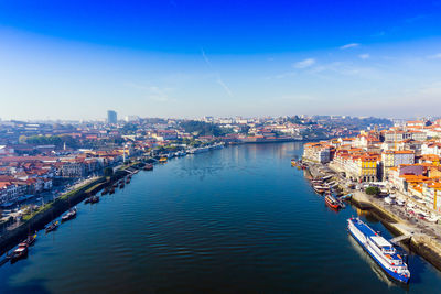 High angle view of river and cityscape against blue sky