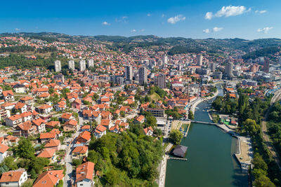 High angle shot of townscape against sky