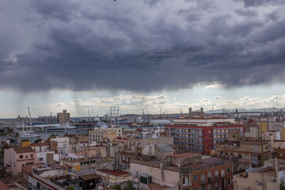 High angle view of buildings against cloudy sky