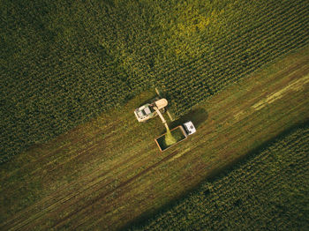 Aerial view of machinery working in agricultural field