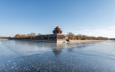 Scenic view of lake against clear sky during winter