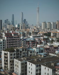 Aerial view of buildings in city against clear sky