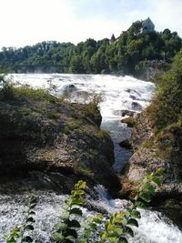 Scenic view of waterfall in forest against sky