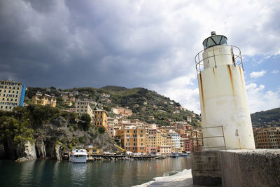 Lighthouse by sea against sky