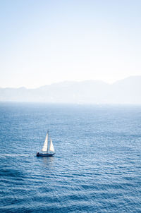 Sailboat sailing in sea against clear sky