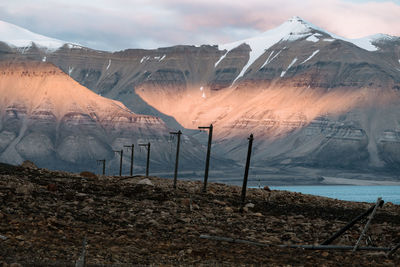 Scenic view of snowcapped mountains by lake