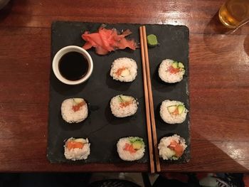 High angle view of sushi served on table