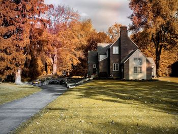 Trees and buildings against sky during autumn