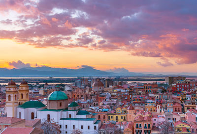 High angle view of townscape against sky during sunset