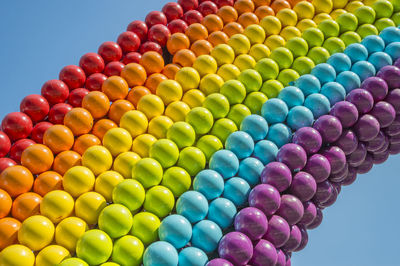 Close-up of multi colored balloons against sky 