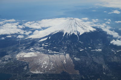 Aerial view of snowcapped mountains against sky