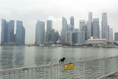 Buildings by river against sky in city