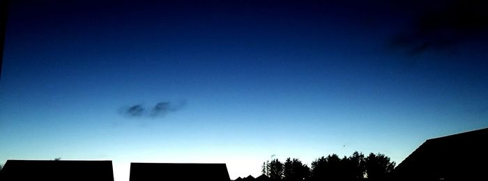 High section of silhouette trees against blue sky