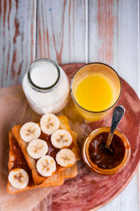 High angle view of breakfast on table