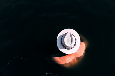 Directly above shot of man in hat swimming at lake