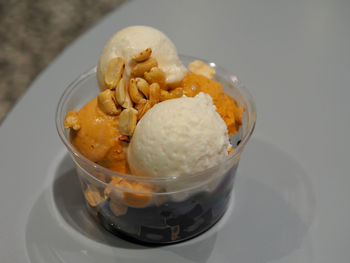 High angle view of ice cream in bowl on table