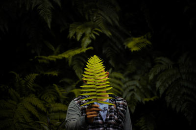 Person holding plant against trees