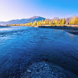 Scenic view of lake against blue sky