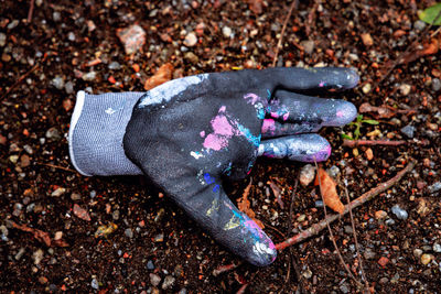 High angle view of messy lying on field