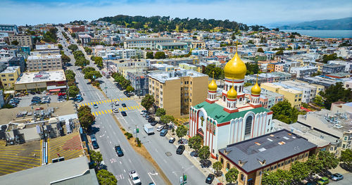 High angle view of townscape against sky