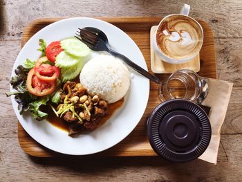 High angle view of breakfast served on table