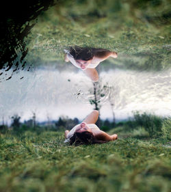 Multiple exposure of young woman lying on grass