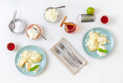 Fruit dumplings stuffed with apricots, high angle view of tasty dessert. flat lay, top down view.