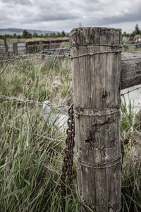 Close-up of wooden post on field against sky