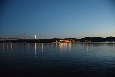 Illuminated bridge over river against blue sky