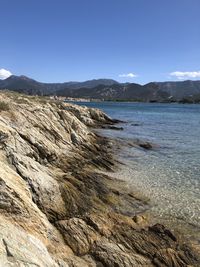 Scenic view of beach against clear blue sky