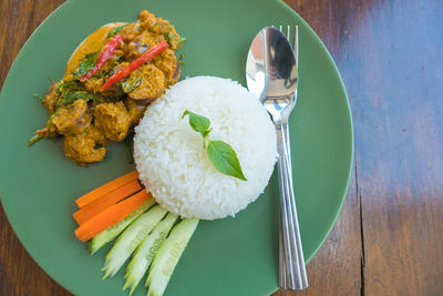 High angle view of food served on table