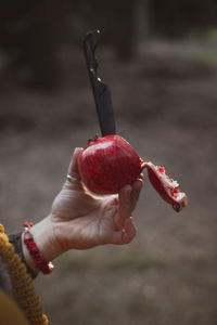 Close up knife in pomegranate concept photo