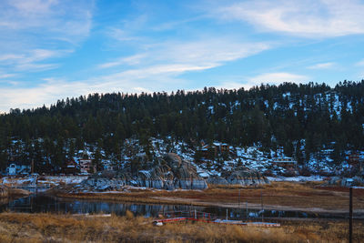 Scenic view of snow covered land against sky