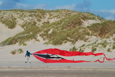 Man carrying kite on beach