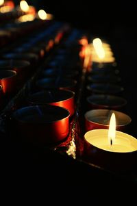 Close-up of lit candle in dark room