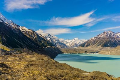 Scenic view of lake and mountains against sky