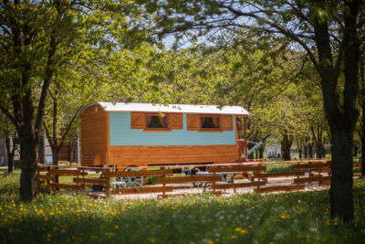 Built structure by trees in forest