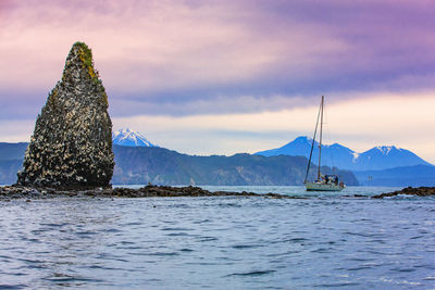 Yacht near the cliffs with nests of sea gulls in the pacific ocean